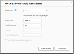 QNAP - Dialog zur Datenträgerformatierung