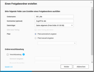 QNAP - Freigabeordner erstellen Schritt 1 von 3 - Grundeinstellungen