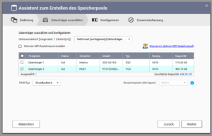 QNAP - Speicherpool erstellen - Datenträger für Speicherpool auswählen