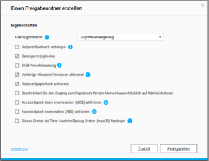 QNAP - Freigabeordner erstellen Schritt 3 von 3 - Optionen