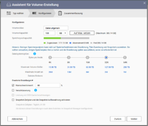 QNAP - Volume erstellen - Optionen