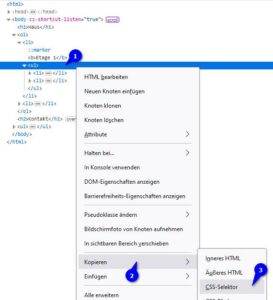 Screenshot der Firefox-Entwicklertools mit geöffnetem Kontextmenü im Quellcode, um den CSS-Selektor zu kopieren.