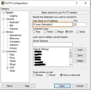 Putty - Screenshot von puTTY Loginfenster
