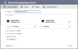 QNAP - Übersicht von Quelle und Ziel des Sicherungsauftrags
