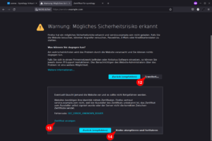 Sicherheitshinweis des Webbrowsers zum selbst-signierten Zertifikat der Diskstation