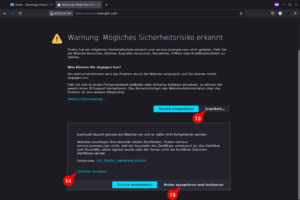 Sicherheitshinweis des Webbrowsers zum selbst-signierten Zertifikat der Diskstation