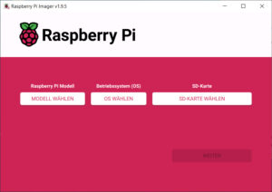 Raspberry Pi Imager Startbildschirm Auswahldialoge