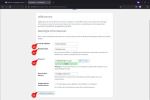 Ansicht Detailangaben (Seitentitel, Benutzername, Passwort, eMail-Adresse) WordPress Installer