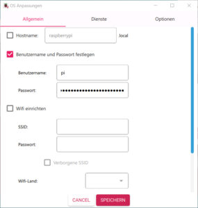Raspberry Pi Imager Einstellungen Allgemein Benutzername und Passwort