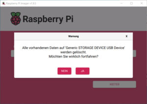 Raspberry Pi Imager Bestätigung Warnung Überschreiben SD-Karte
