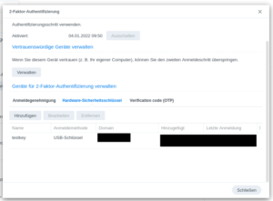 Synology Hardwarekey als 2FA eingerichtet